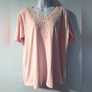 Vintage 80s Fran's Pink Lace Trim Tee - XL